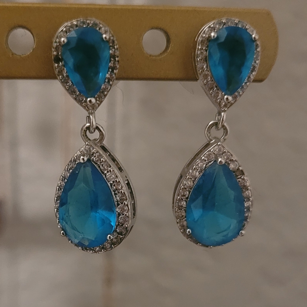 David's Bridal Blue and Silver Drop Earrings